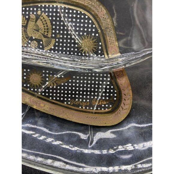 Vintage Georges Briard‎ leaf Shaped Glass Relish Dish With Gold Designs MCM - Picture 5 of 12
